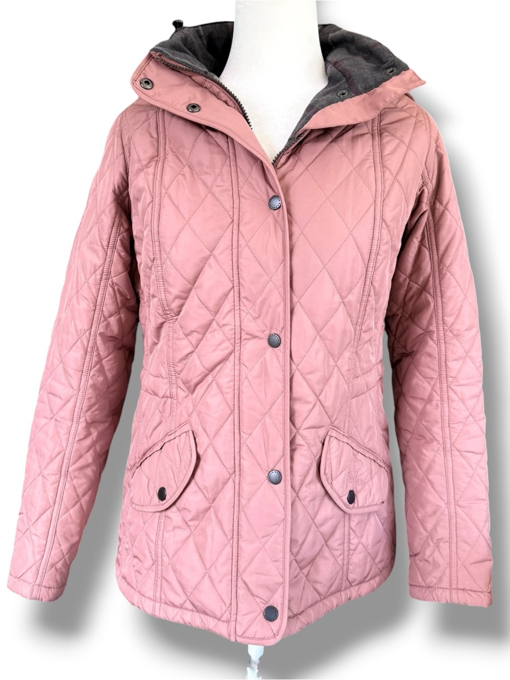Barbour Millfire Hooded Quilted Jacket Pink Tartan Lined Size US 8